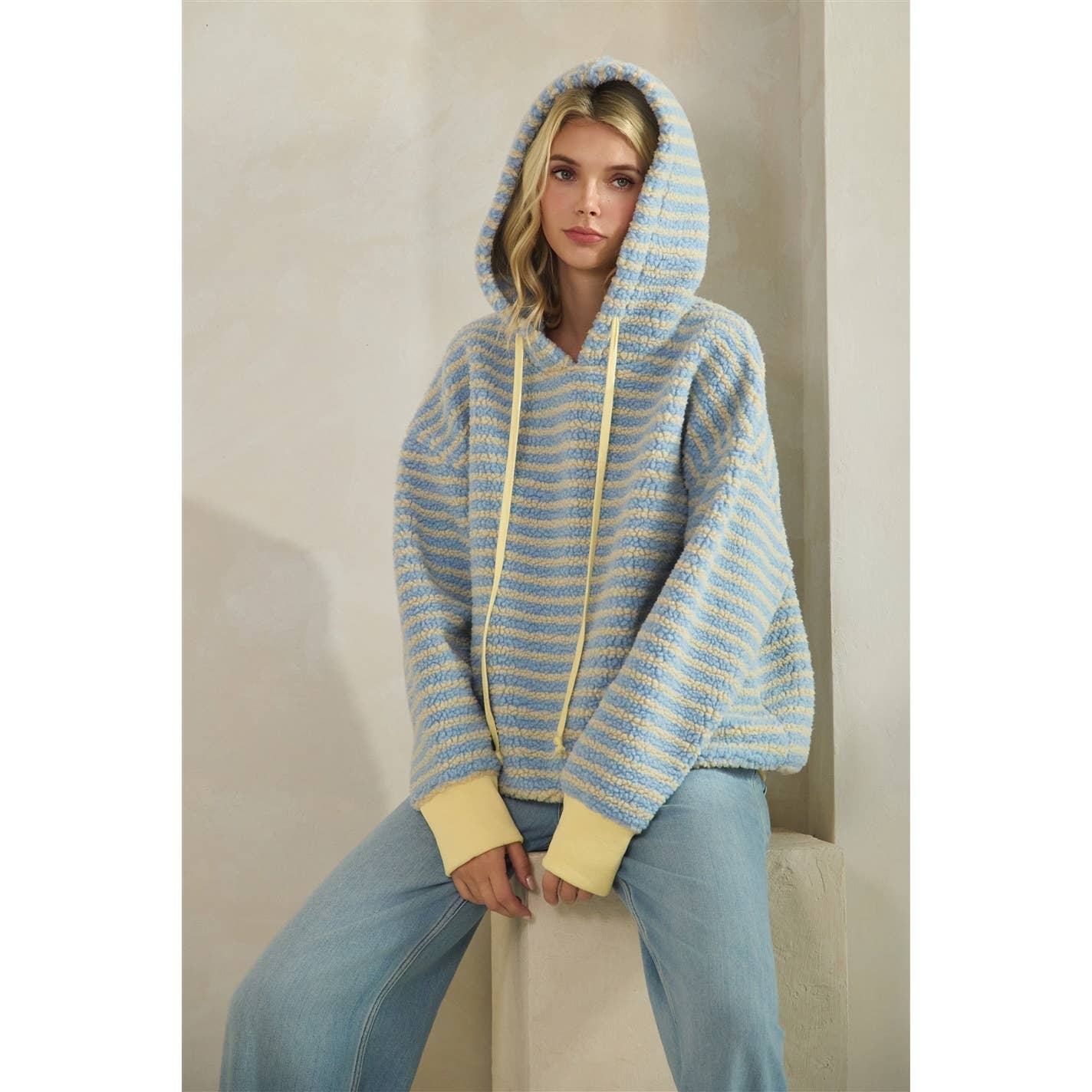 Teddy Striped Contrast Cozy Hoodie: Brown / M