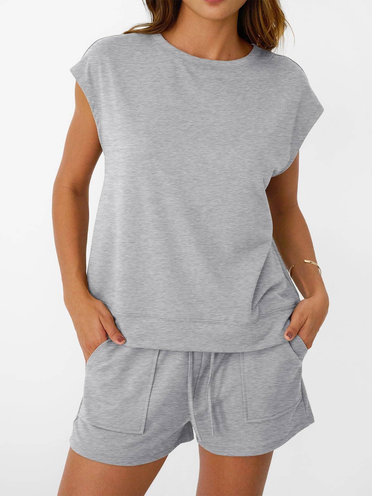 Casual Lounge Set Cap Sleeve Top Drawstring Shorts: Black / 65%Polyester+30%Viscose+5%Elastane / L