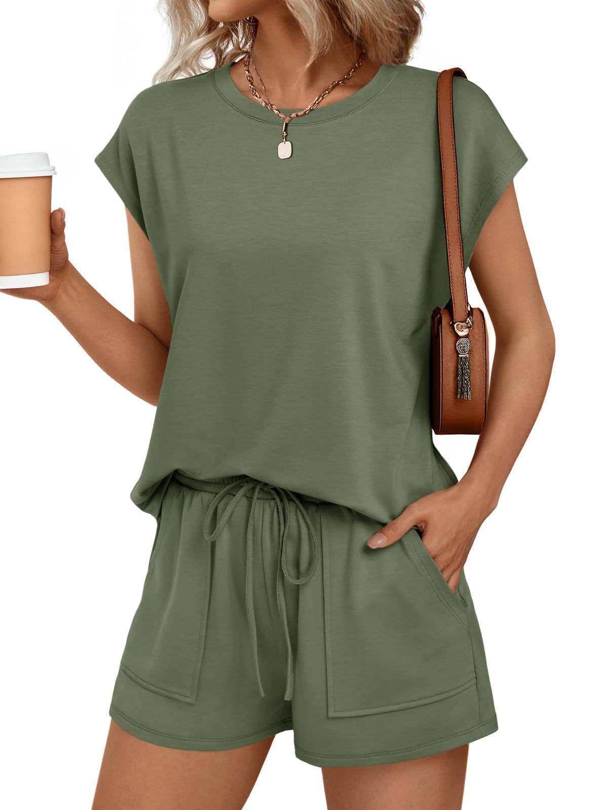 Casual Lounge Set Cap Sleeve Top Drawstring Shorts: Black / 65%Polyester+30%Viscose+5%Elastane / S