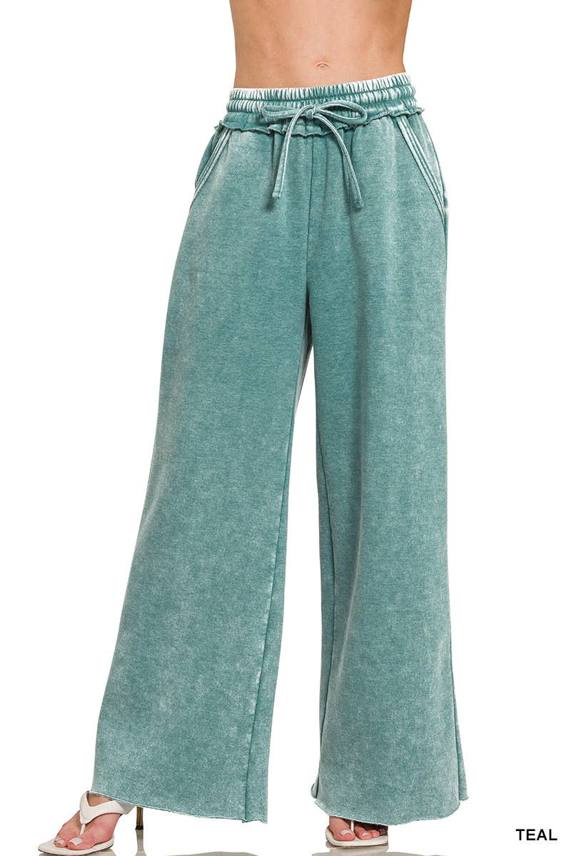 Acid Wash Fleece Palazzo Sweatpants With Pockets: BLACK / 2-2-2 (S-M-L)