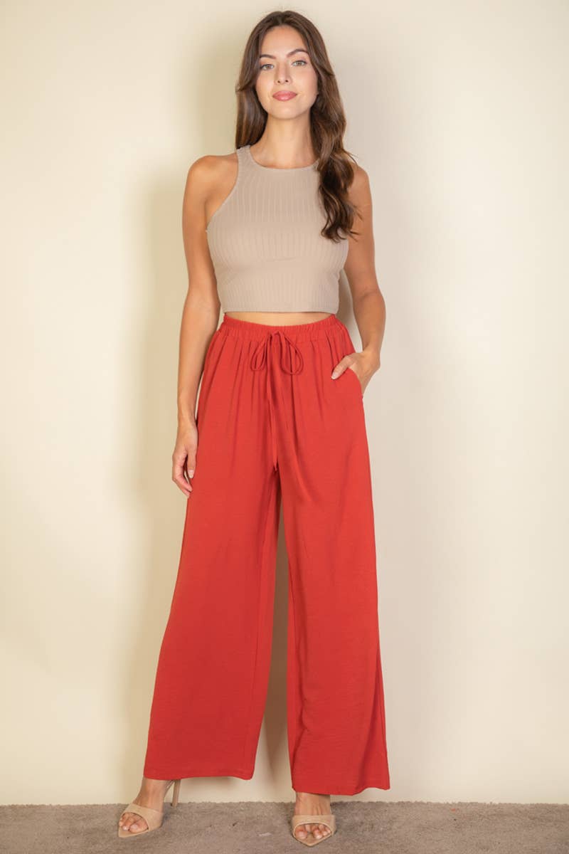 Drawstring waist wide leg minimalist pants: Black / M