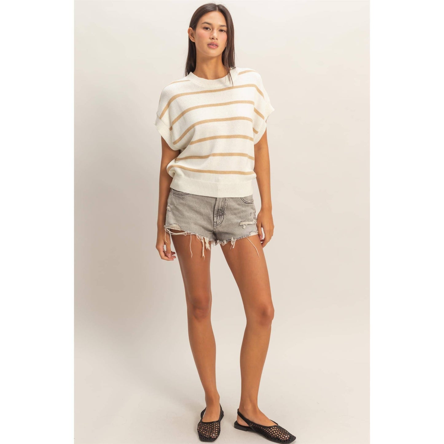 Striped Crew Neck Knit Top: BLACK / S-M-L(2-2-2)