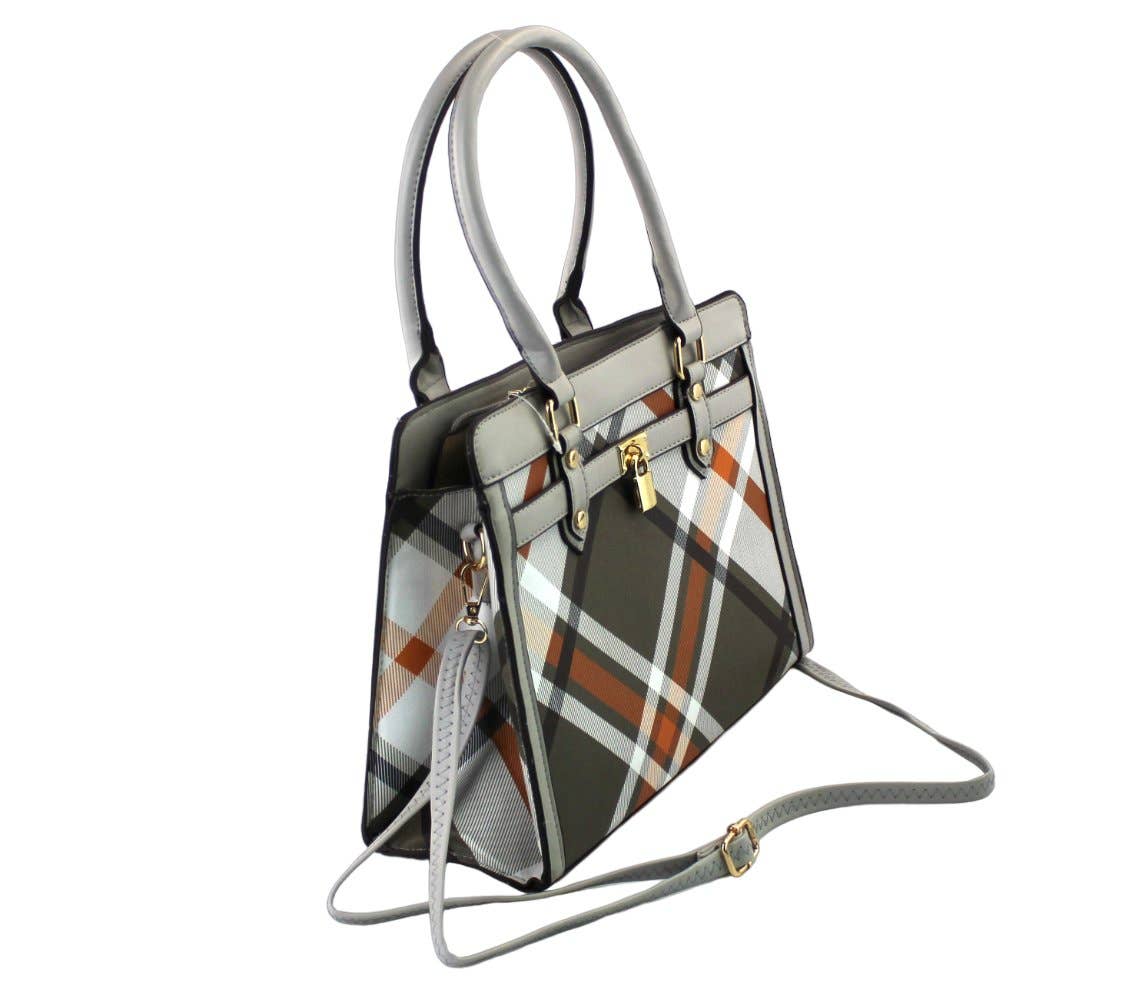 7867A - 2 in 1 PU Plaid Satchel with Wristlet: Black