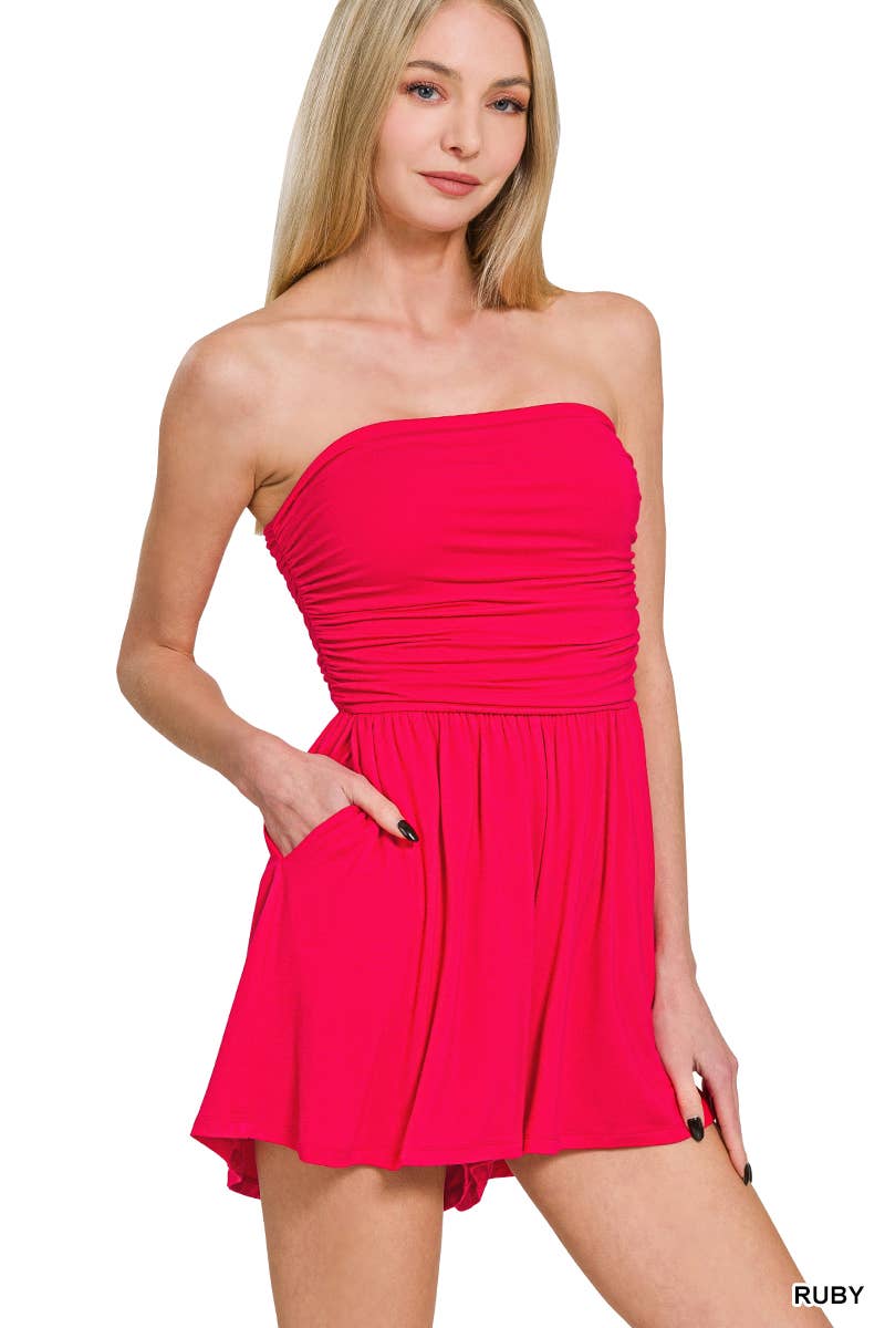 0429 Double Layered Strapless Tube Top Romper w/ Pockets SI-27473: BLACK-178871 / L