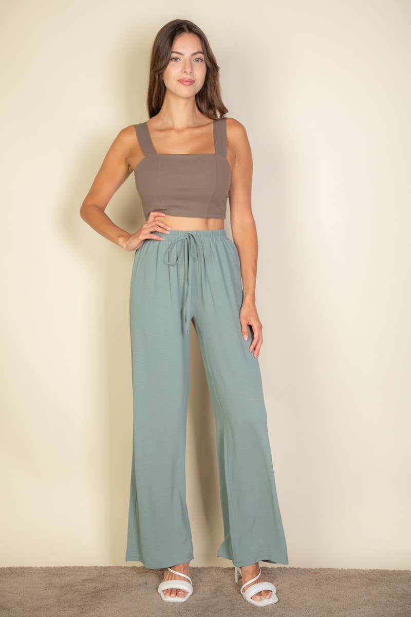 Drawstring waist wide leg minimalist pants: Black / L