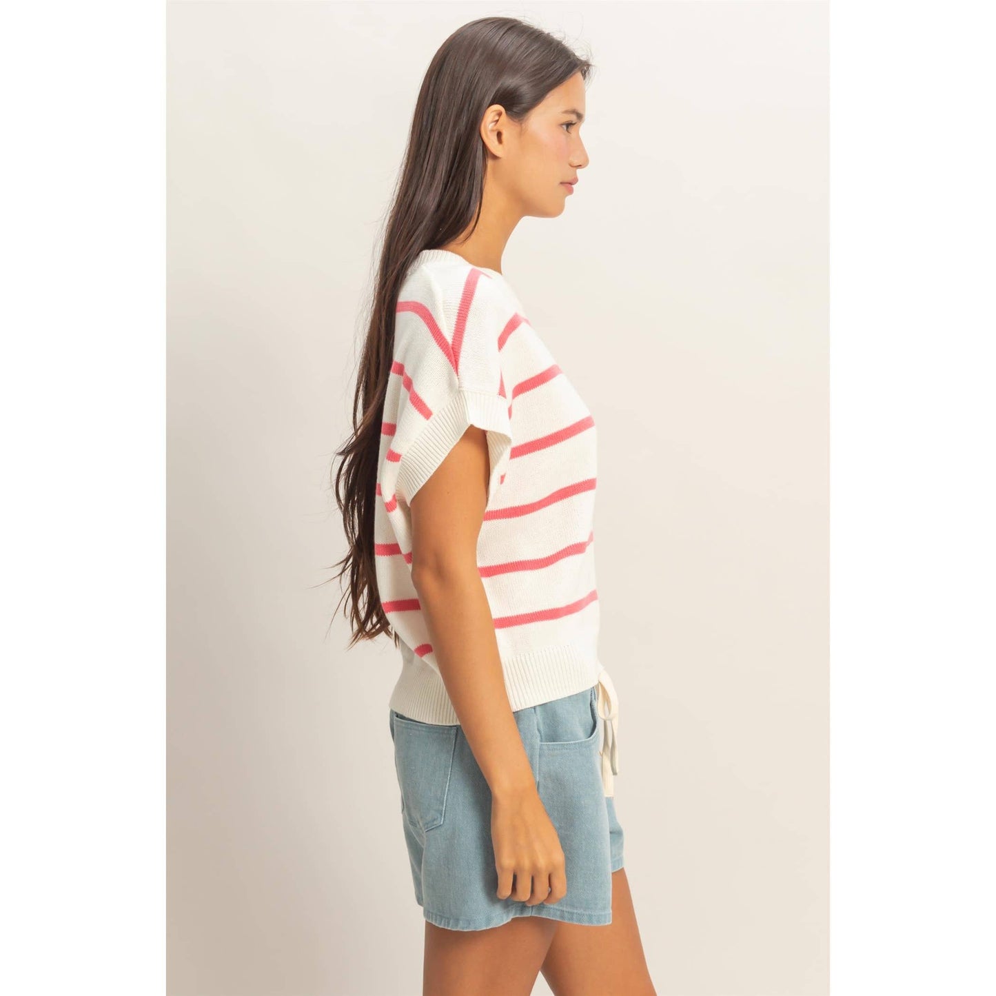 Striped Crew Neck Knit Top: BLUE / S-M-L(2-2-2)