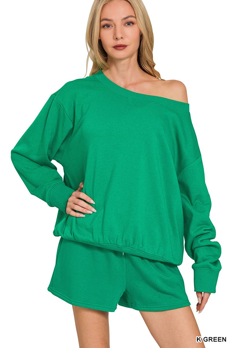 Fleece Sweatshirts & Drawstring Shorts 2pc Set Zenana: ASH MOCHA-186261 / M