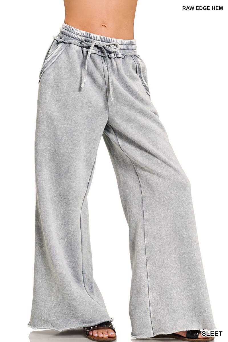 Acid Wash Fleece Palazzo Sweatpants With Pockets: BLACK / 2-2-2 (S-M-L)