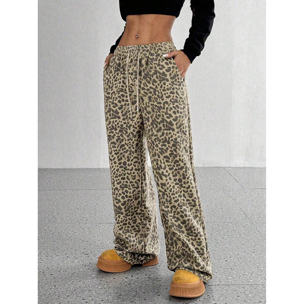 Leopard Print Wide Leg Pants High Waist Pocket Casual: Light Leopard / 100% polyester / XL