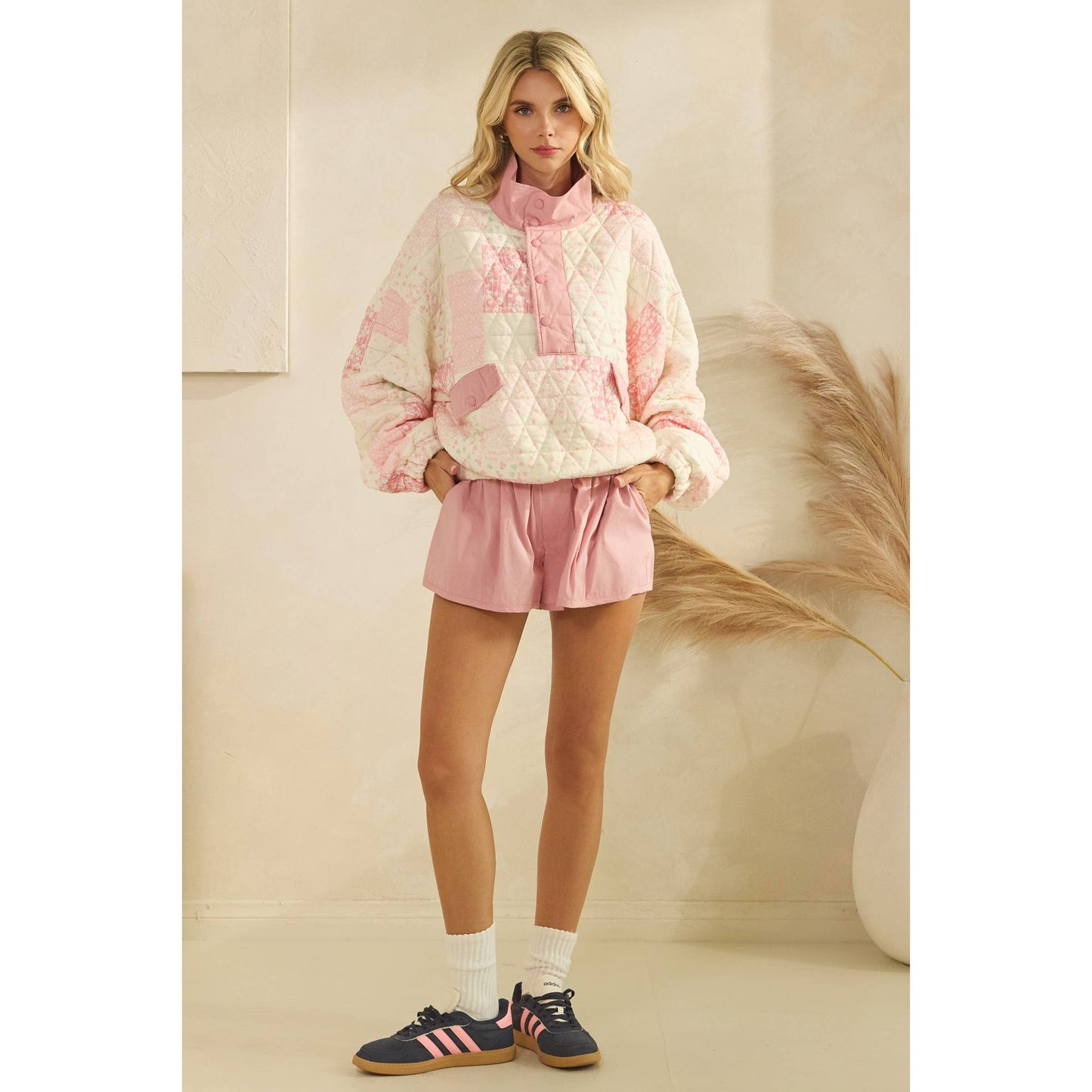 Textured Contrast printed Quarterzip Sweater: Pink Combo / L