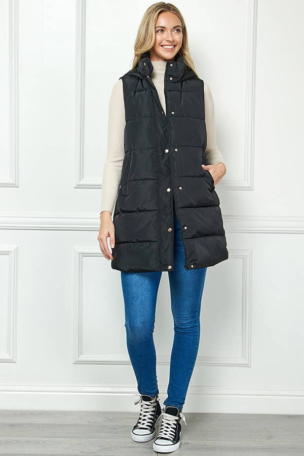 Longline Quilted Puffer Vest with Attached Hood: Black