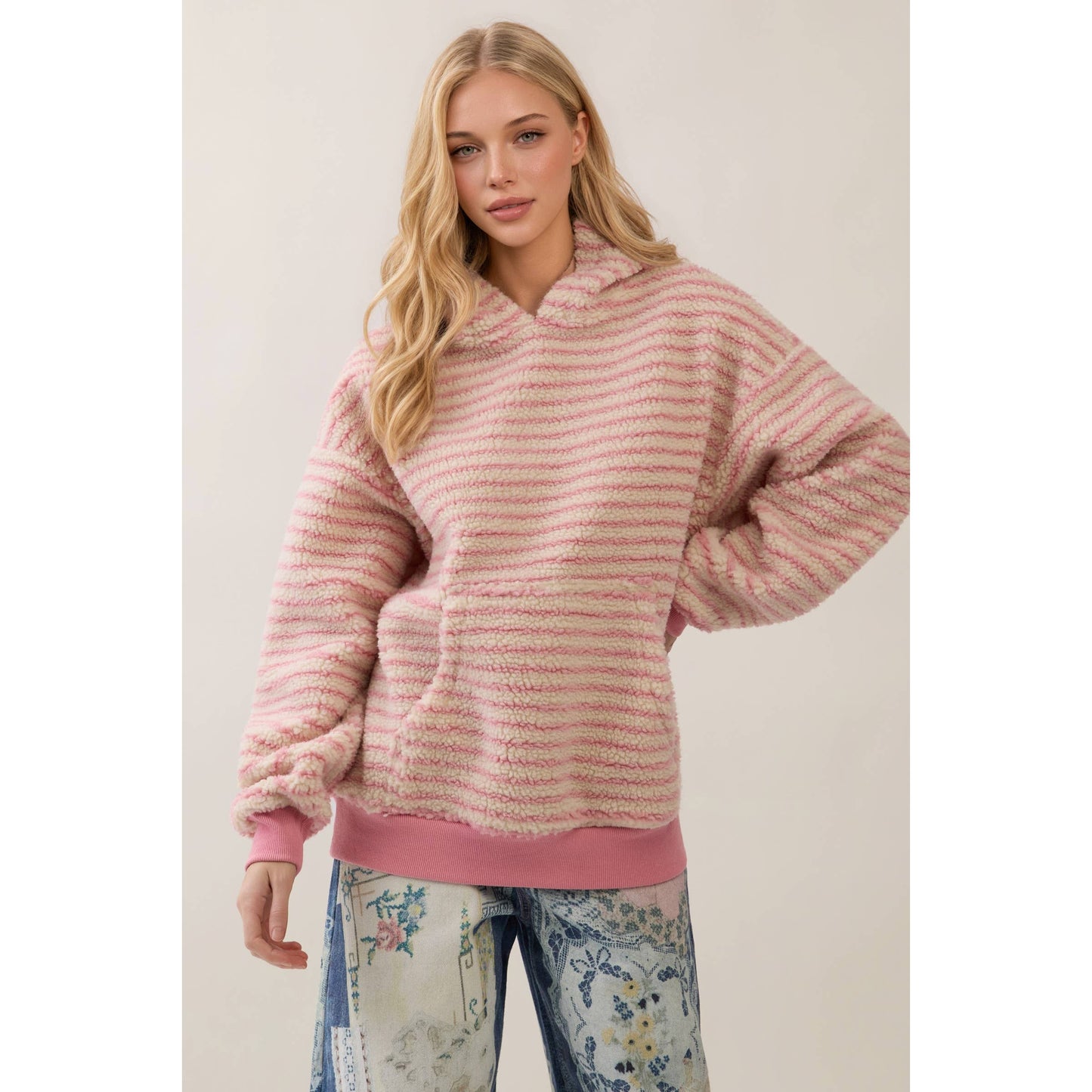 Teddy Striped Contrast Cozy Hoodie: Brown / L