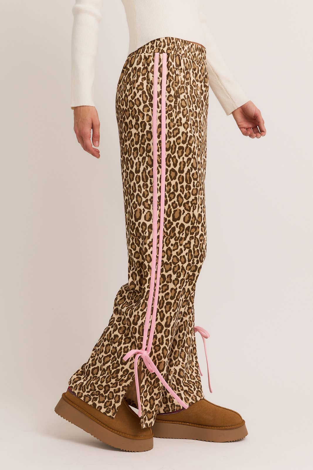 BOW DETAIL TRACK PANTS: TAUPE ANIMAL / M
