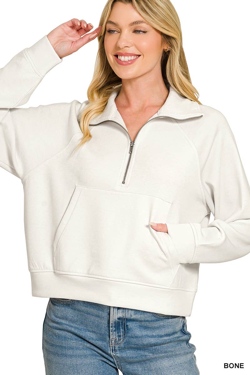 Scuba Half Zip Pullover With Kangaroo Pocket Zenana: CHOCOLATE-202375 / L
