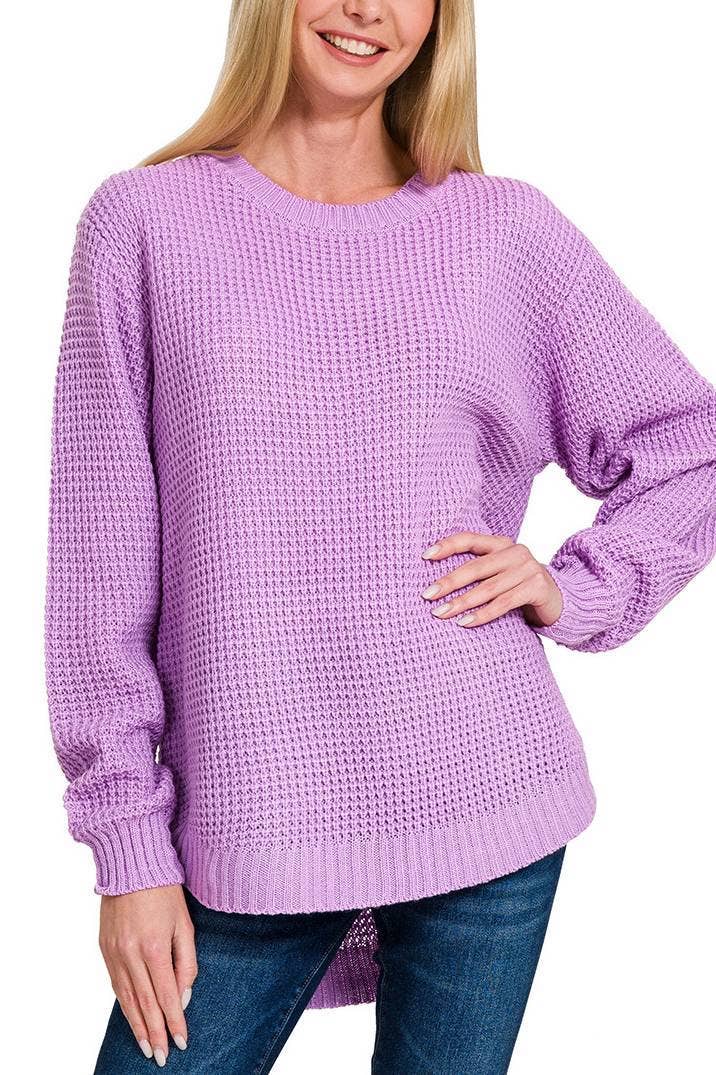 Hi-low Long Sleeve Round Neck Waffle Sweater: BRIGHT MAUVE / 1-1-1-1 (S-M-L-XL)