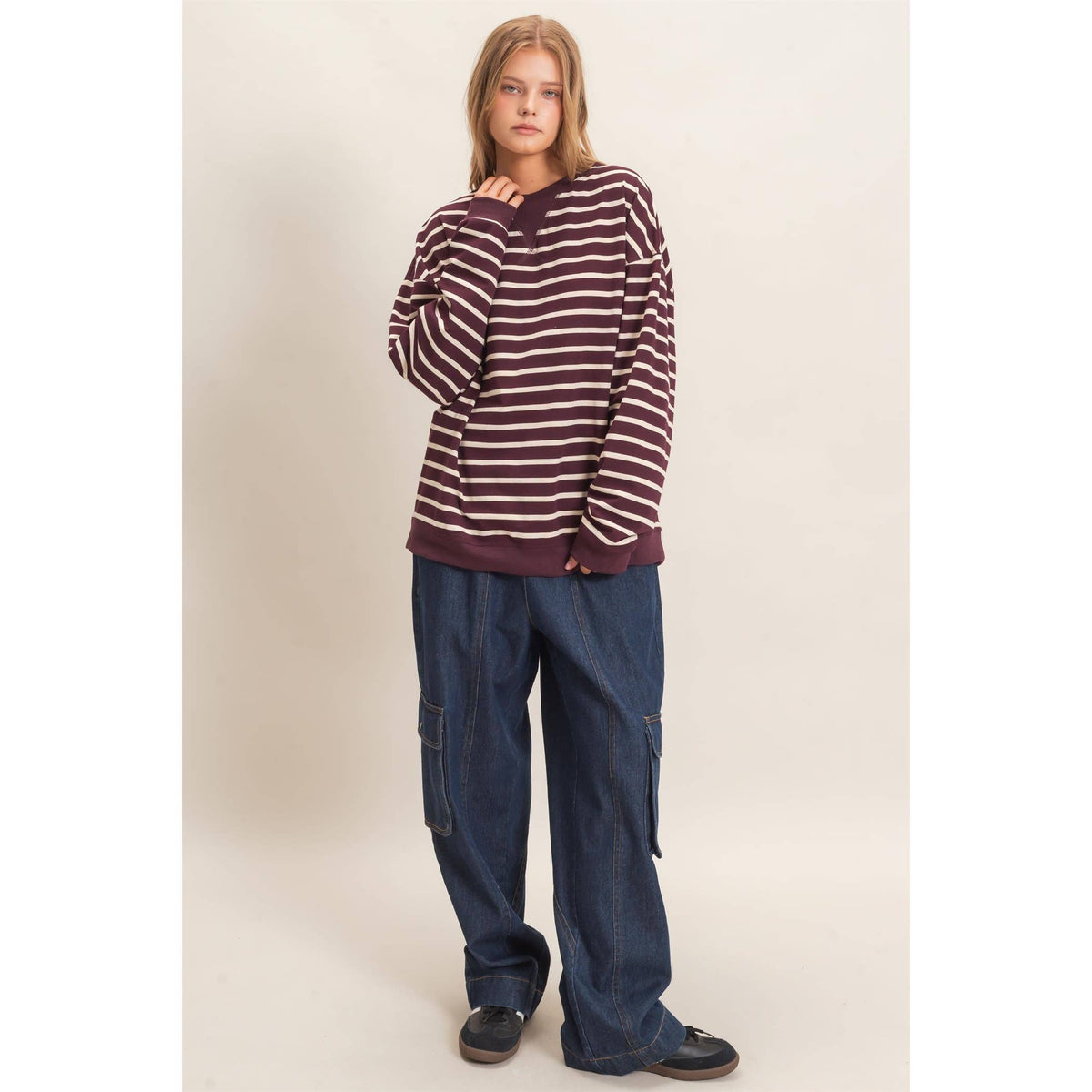 Striped Long Sleeve Pullover: GRAY/ECRU / S-M-L(2-2-2)