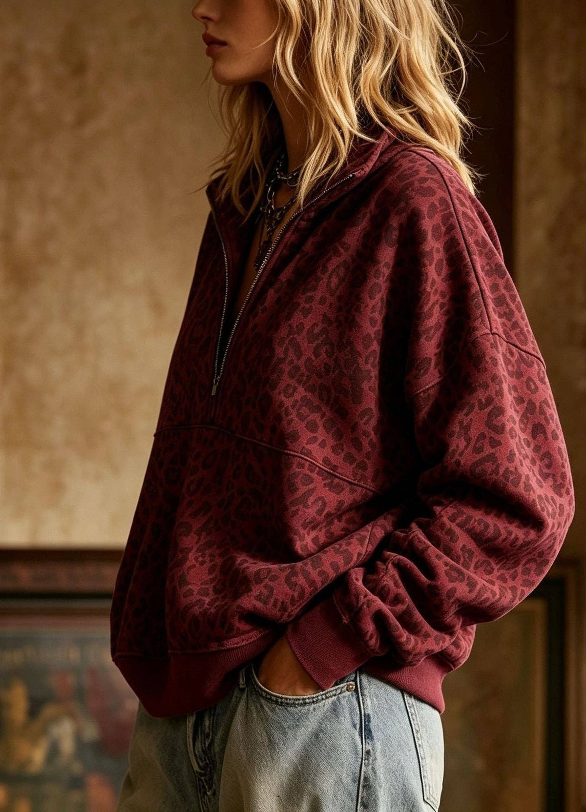 Leopard Print Half Zip Oversized Pullover Sweatshirt: Coffee / 95%Polyester+5%Elastane / XL