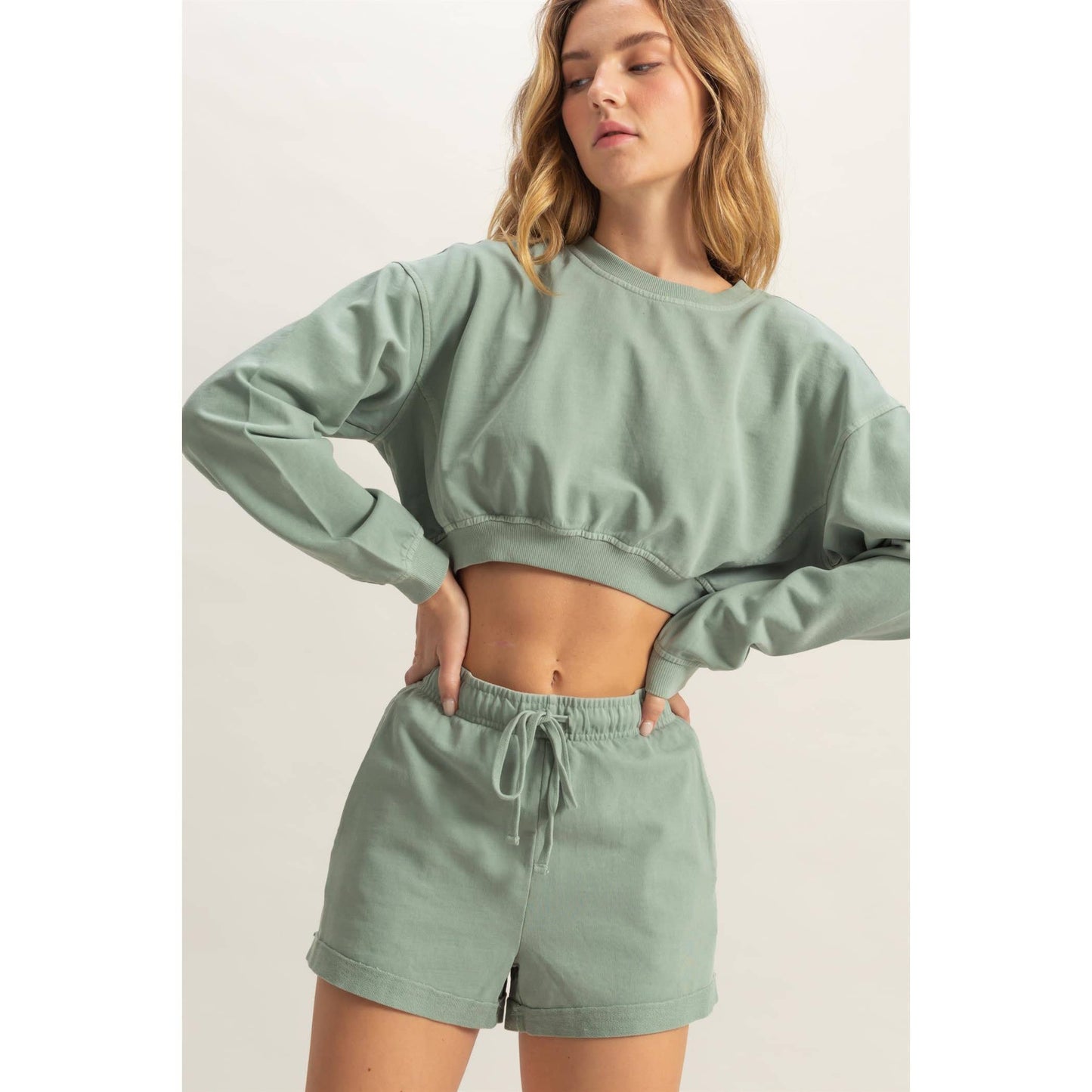 Crew Neck Long Sleeve Crop Sweatshirt: DUSTY INDIGO / S-M-L(2-2-2)