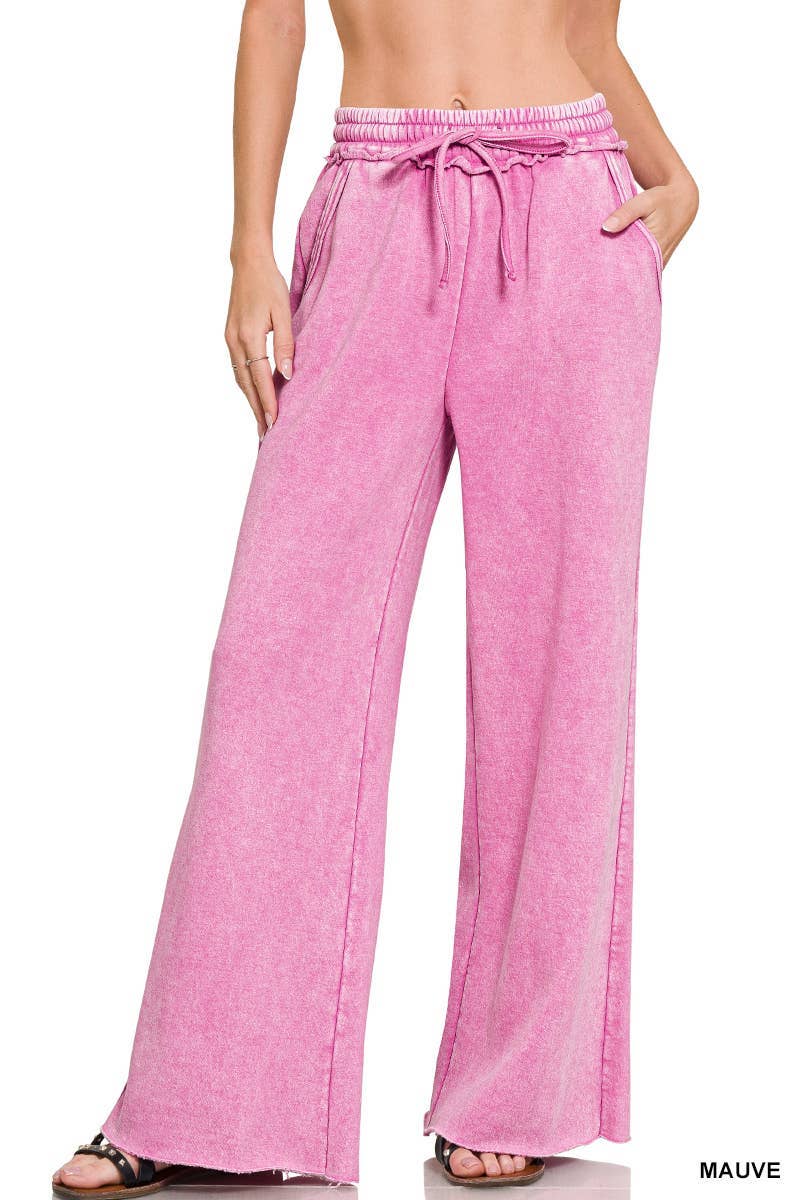 Acid Wash Fleece Palazzo Sweatpants With Pockets: BLACK / 2-2-2 (S-M-L)