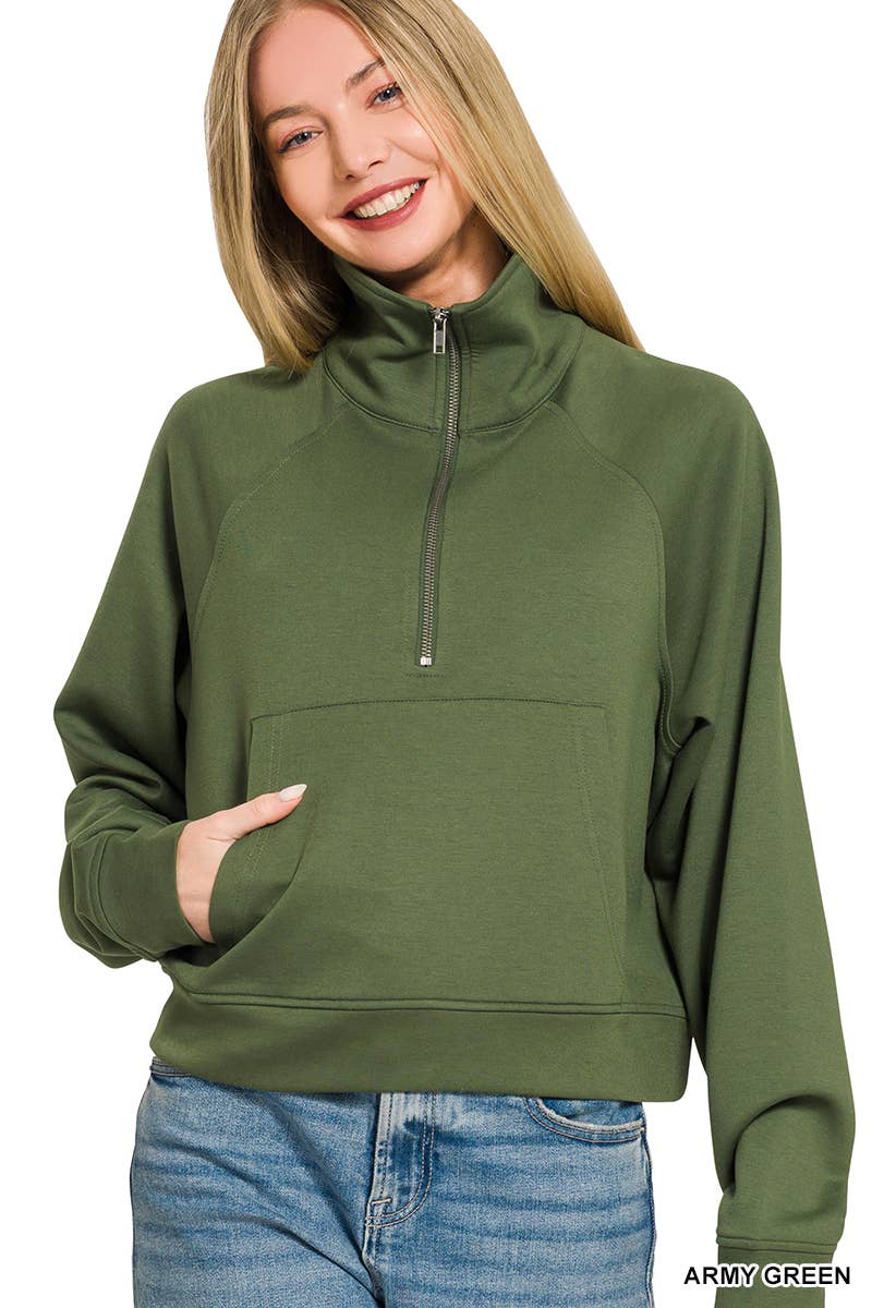 Scuba Half Zip Pullover With Kangaroo Pocket Zenana: H VANILLA-190580 / L