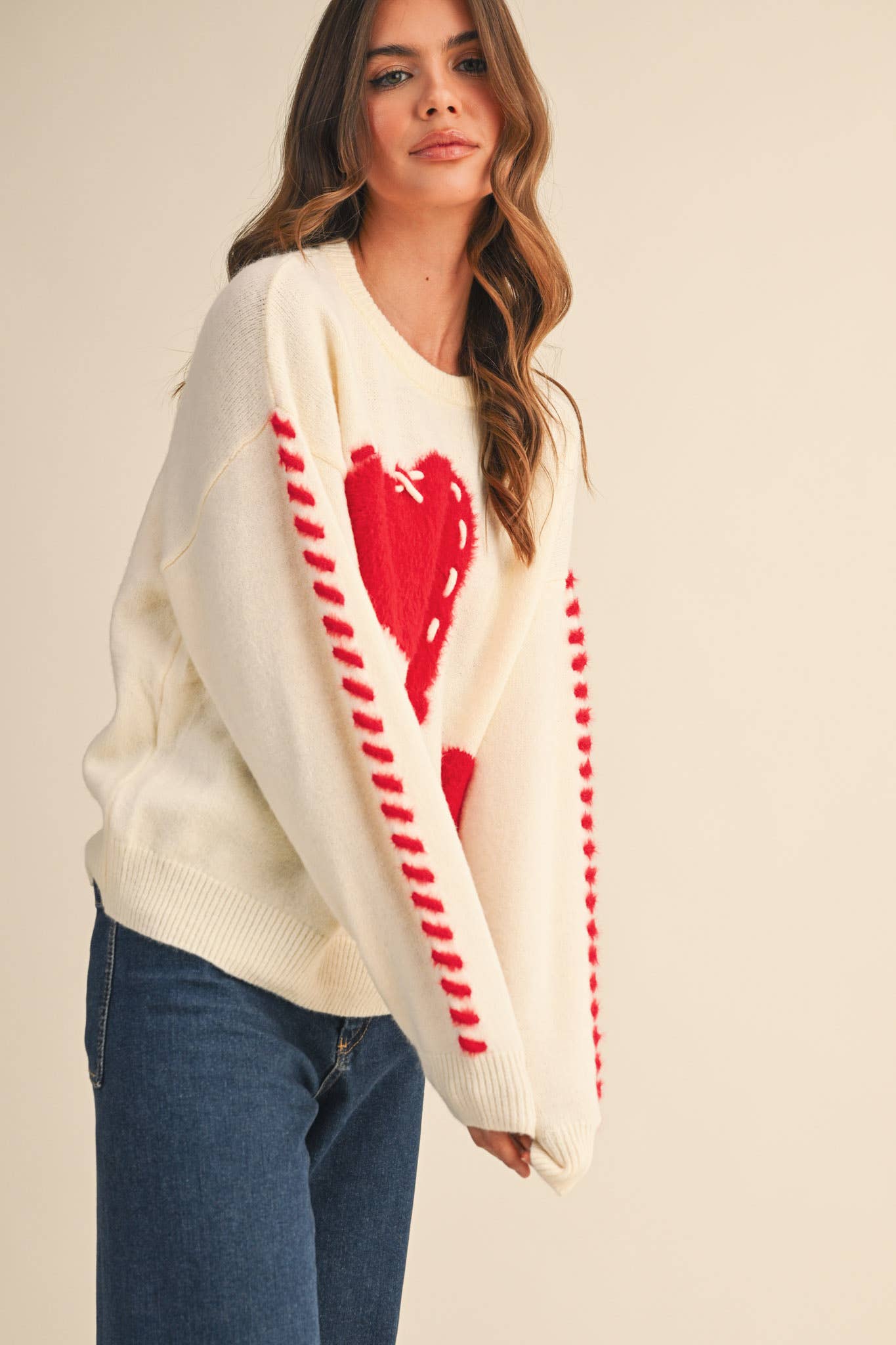 FUZZY HEART KNIT SWEATER WITH WHIP STITCH MSW10990: Red / L