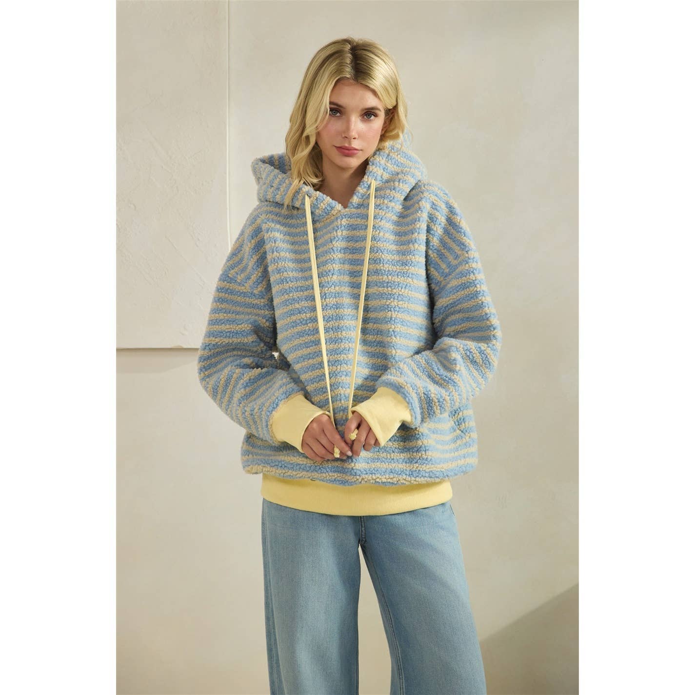 Teddy Striped Contrast Cozy Hoodie: Brown / L