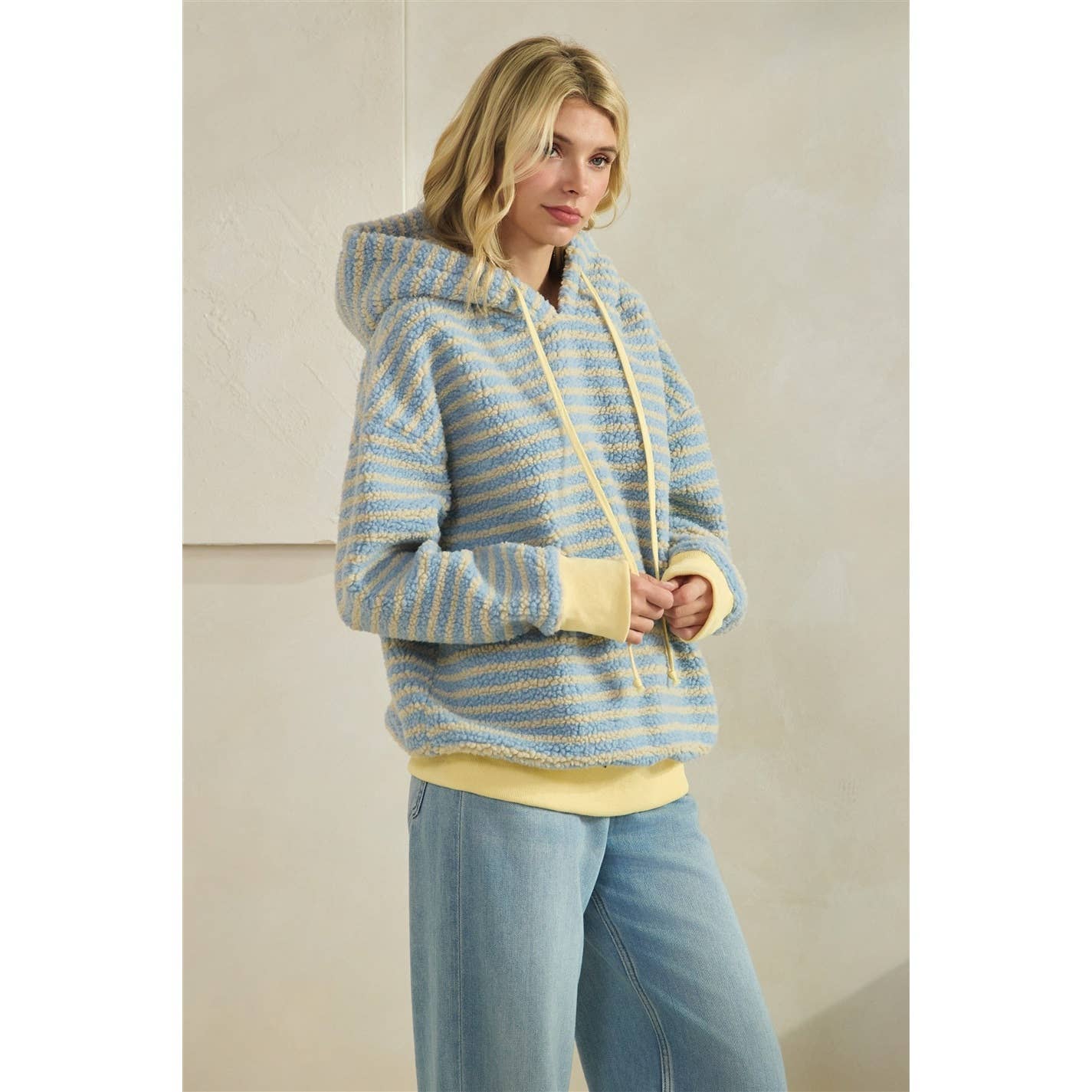 Teddy Striped Contrast Cozy Hoodie: Brown / S