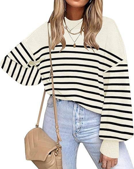 Retro Cozy Multi Striped Lantern Sleeves Knit Sweater: Camel / XL