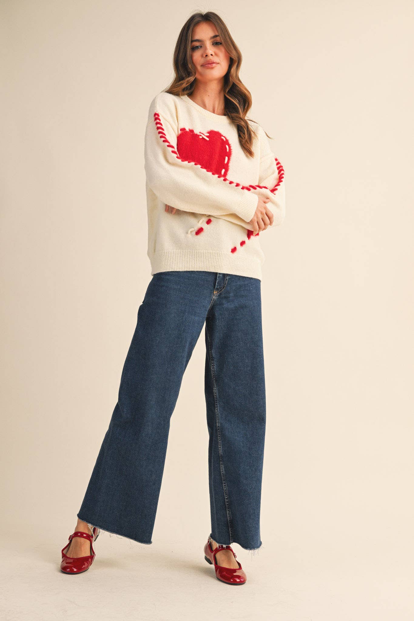 FUZZY HEART KNIT SWEATER WITH WHIP STITCH MSW10990: Red / M