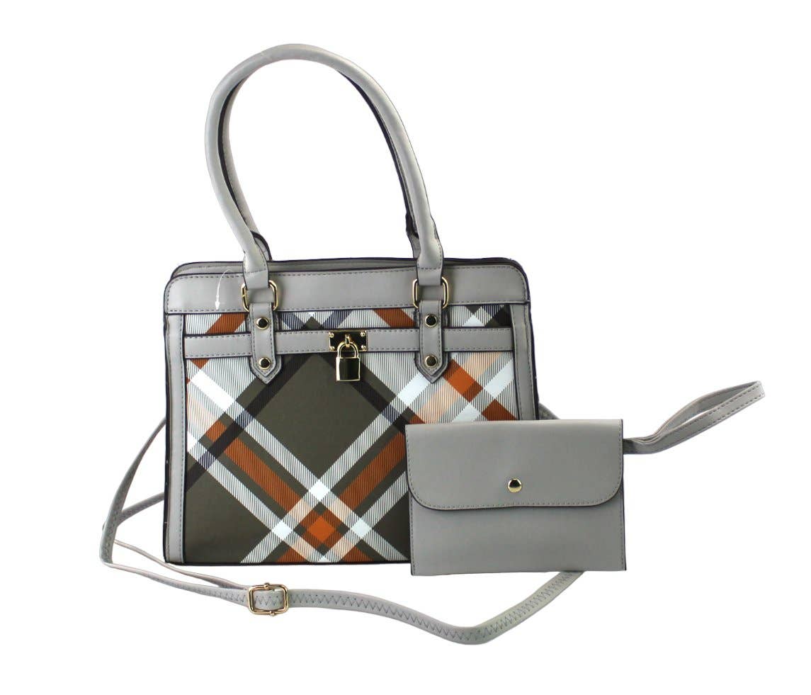 7867A - 2 in 1 PU Plaid Satchel with Wristlet: Black