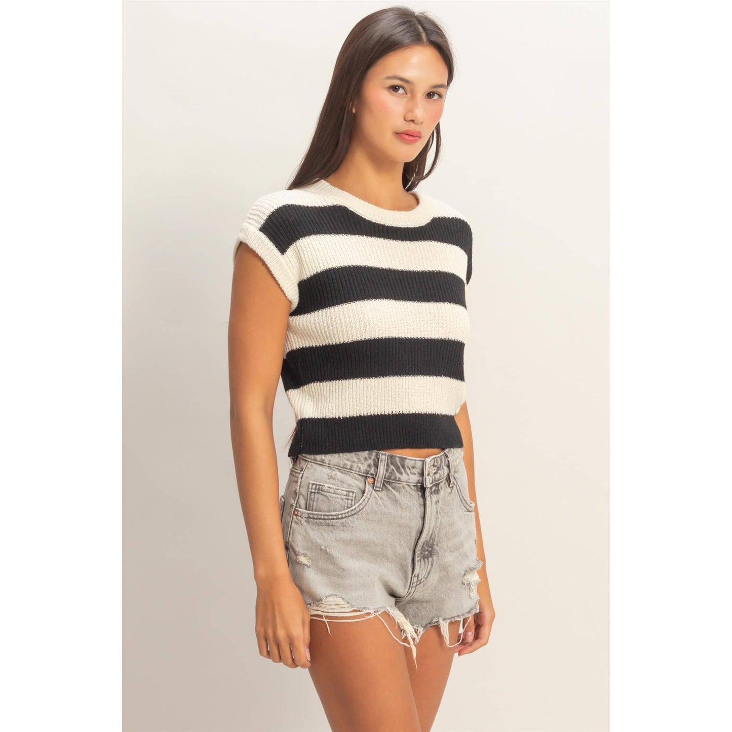 Striped Ribbed Knit Top: TAUPE / S-M-L(2-2-2)