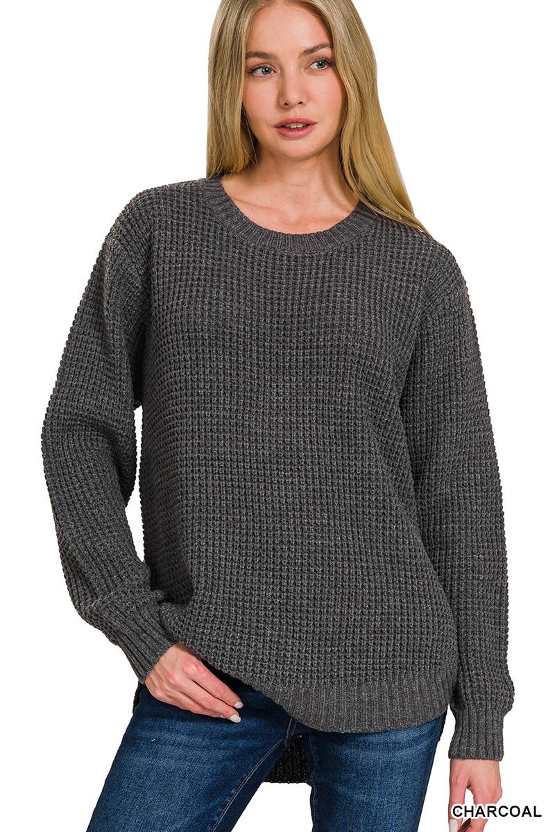 Hi-low Long Sleeve Round Neck Waffle Sweater: BRIGHT MAUVE / 1-1-1-1 (S-M-L-XL)