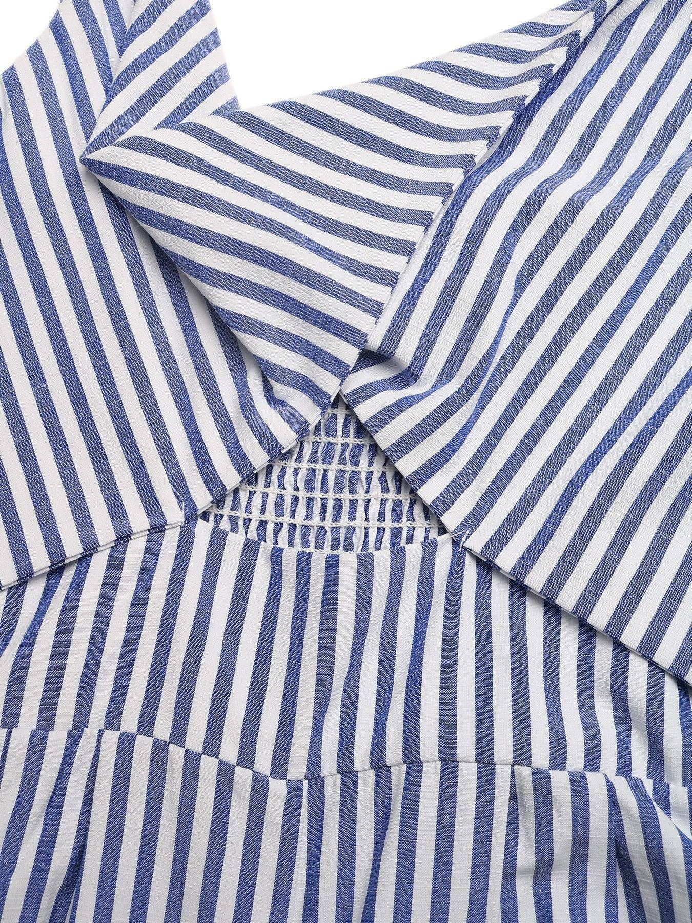 Striped Cutout Wide Leg Jumpsuit V Neck Summer Outfit: Blue / 50% Cotton + 50% Polyester / S
