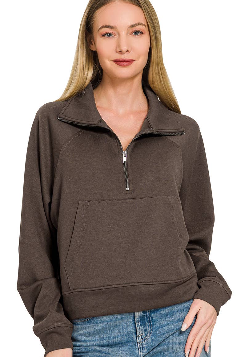 Scuba Half Zip Pullover With Kangaroo Pocket Zenana: CABERNET-202374 / M