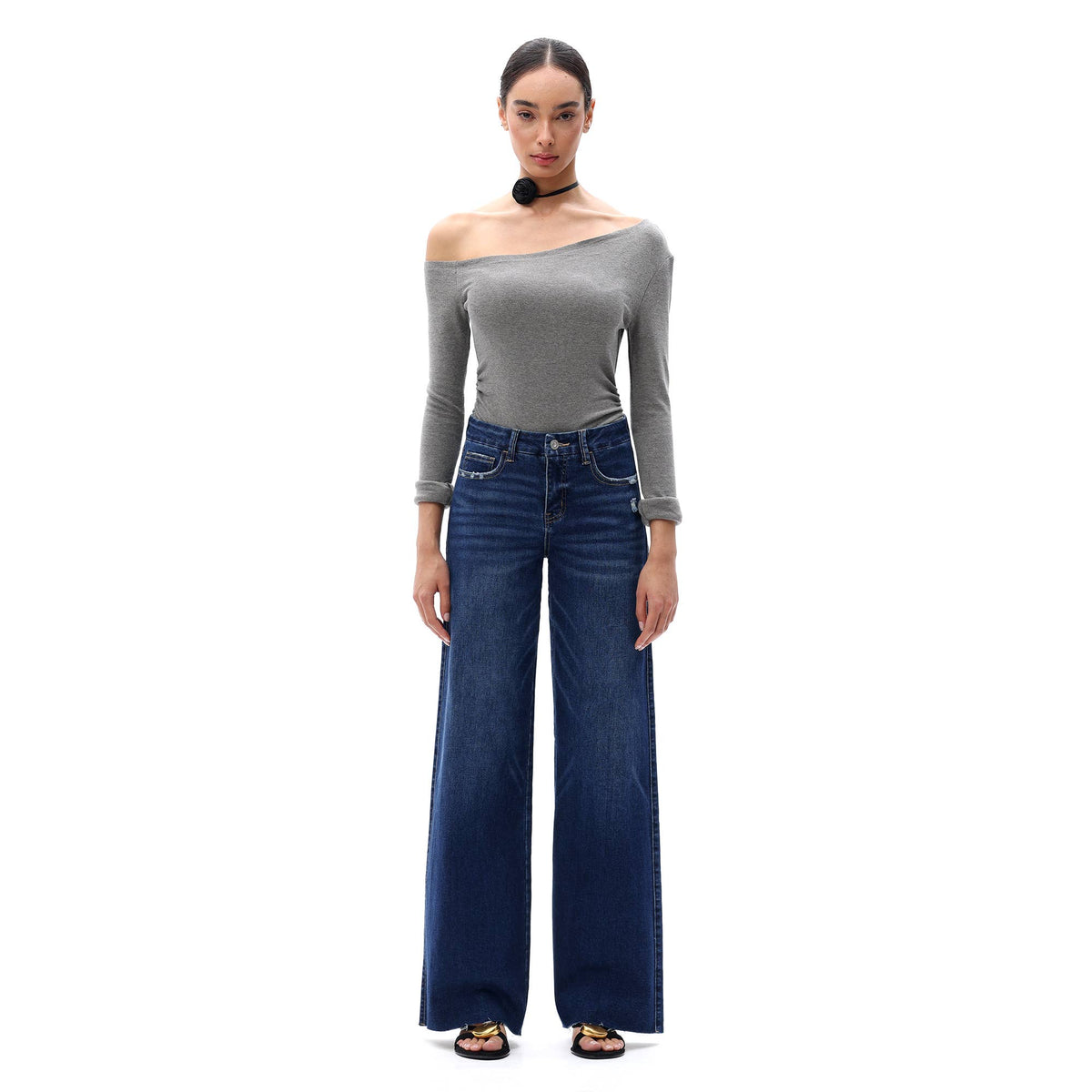 Mid Rise Wide Leg Jeans Raw Hem Vintage Distressed OSW8019: VINTAGE BLUE / 26