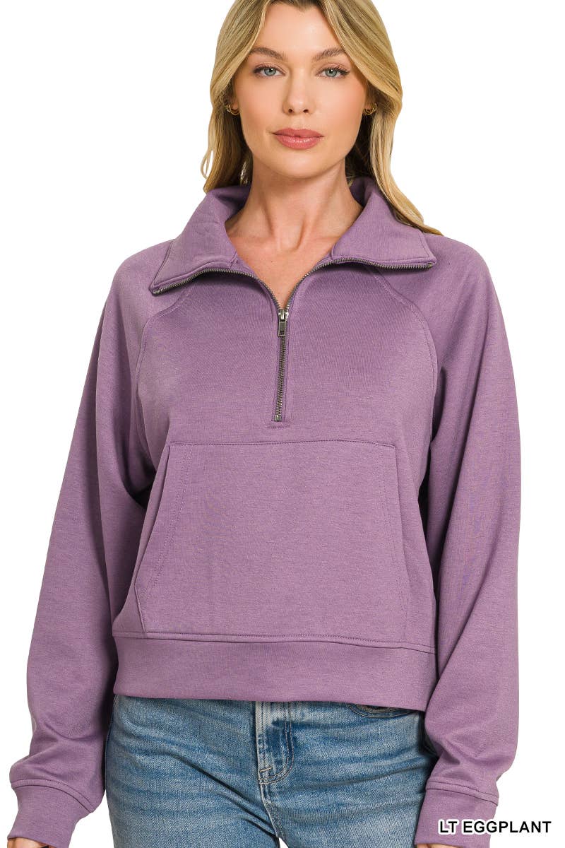Scuba Half Zip Pullover With Kangaroo Pocket Zenana: CABERNET-202374 / L