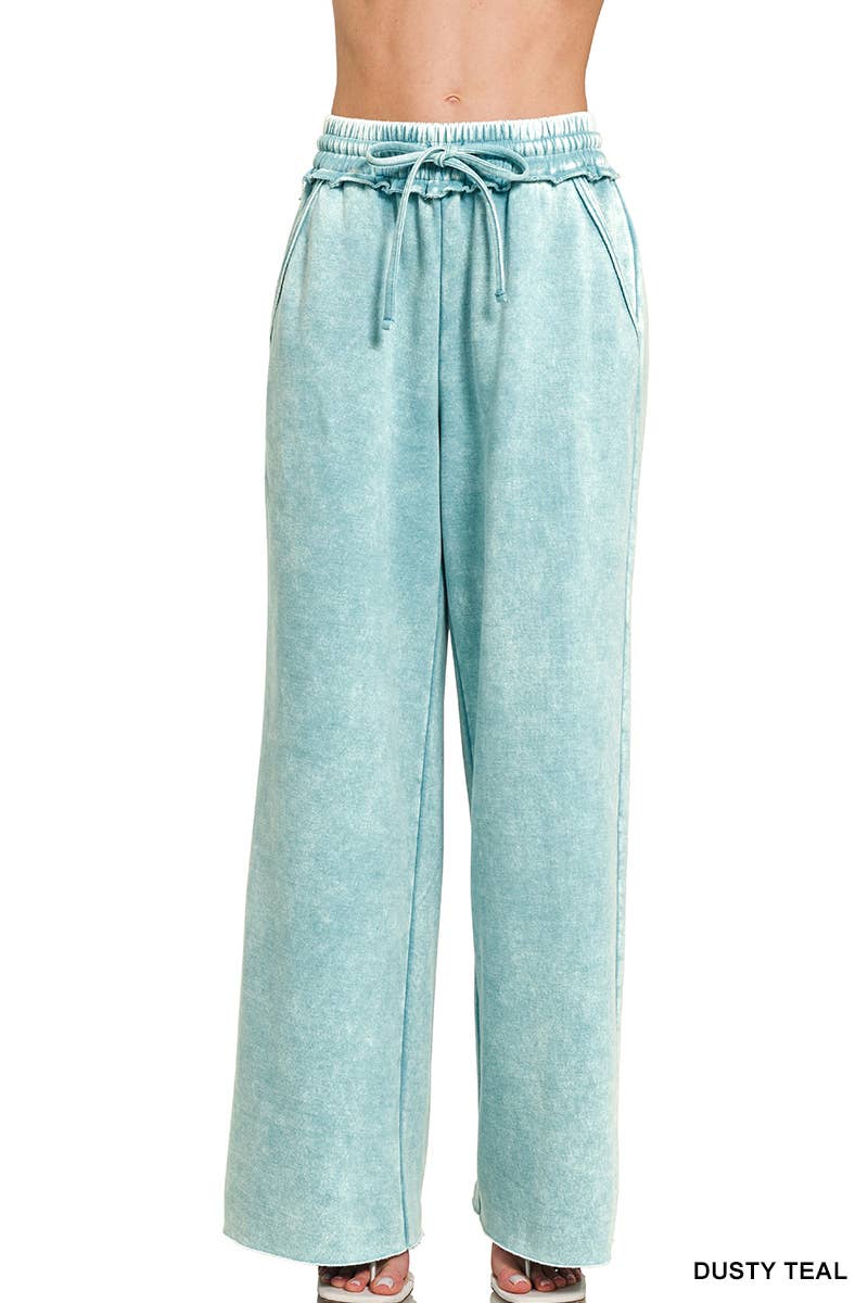 Acid Wash Fleece Palazzo Sweatpants With Pockets: BLACK / 2-2-2 (S-M-L)
