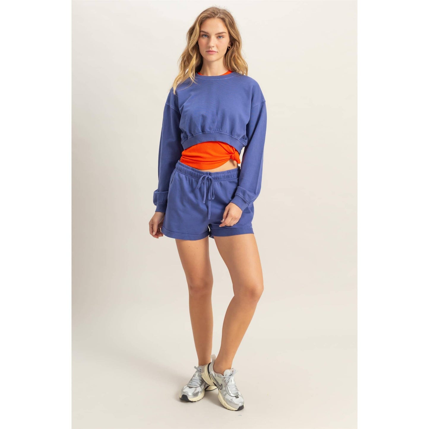 Crew Neck Long Sleeve Crop Sweatshirt: DUSTY INDIGO / S-M-L(2-2-2)