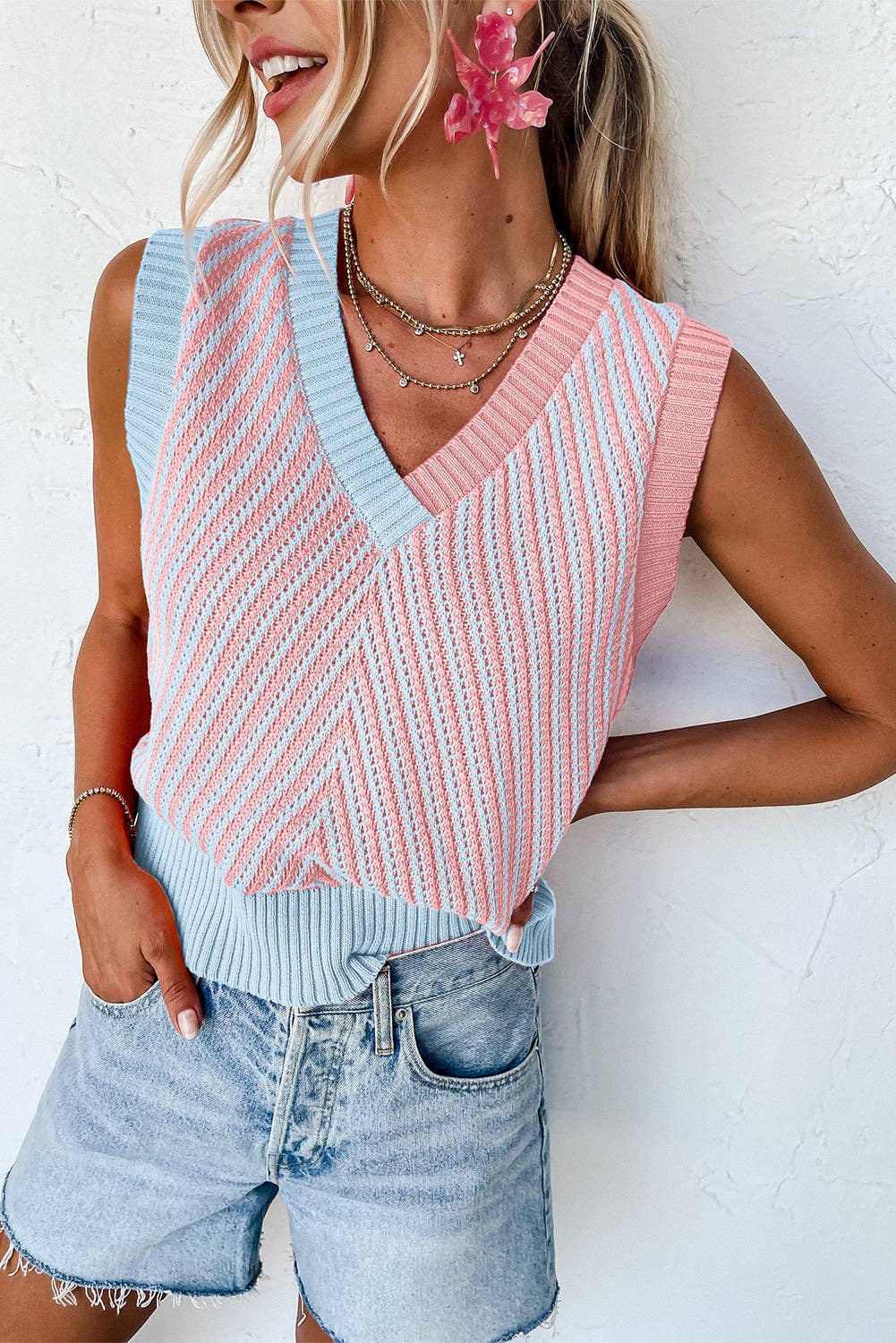Strawberry Pink Contrast Chevron Knit V Neck Sweater Vest: Strawberry Pink / 100%Viscose / S
