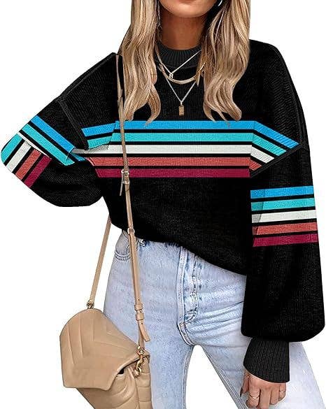 Retro Cozy Multi Striped Lantern Sleeves Knit Sweater: Camel / 2XL