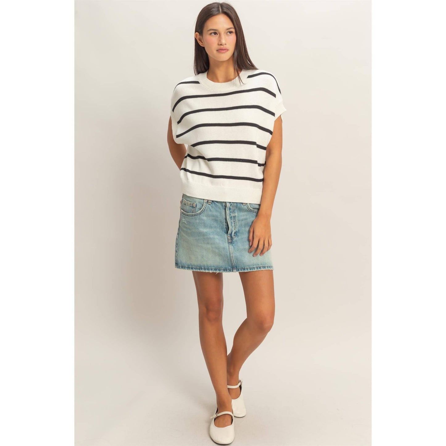 Striped Crew Neck Knit Top: BLUE / S-M-L(2-2-2)