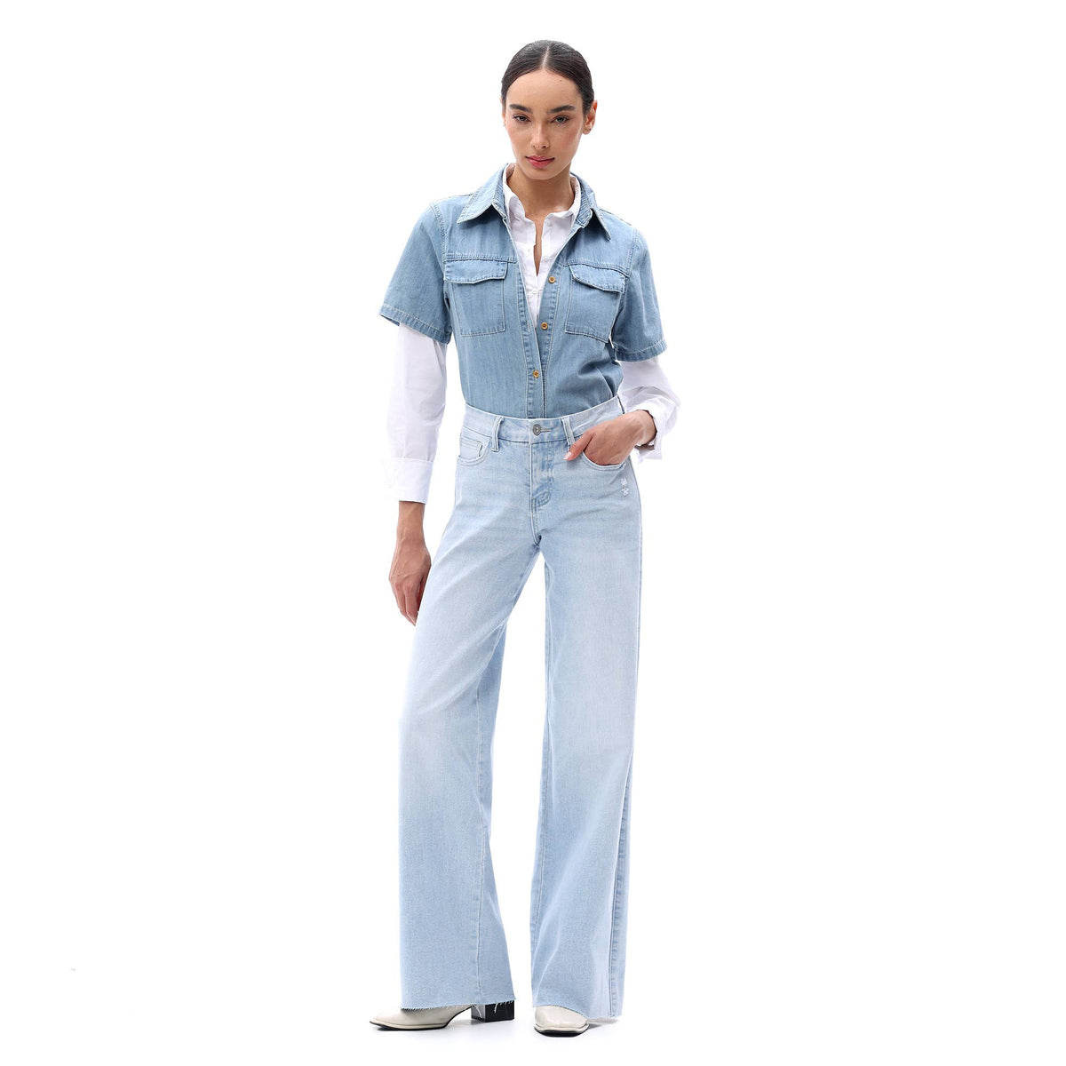 Mid Rise Wide Leg Jeans Raw Hem Vintage Distressed OSW8019: VINTAGE BLUE / 24