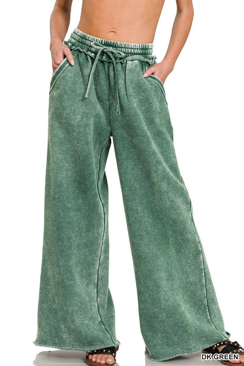 Acid Wash Fleece Palazzo Sweatpants With Pockets: BLACK / 2-2-2 (S-M-L)
