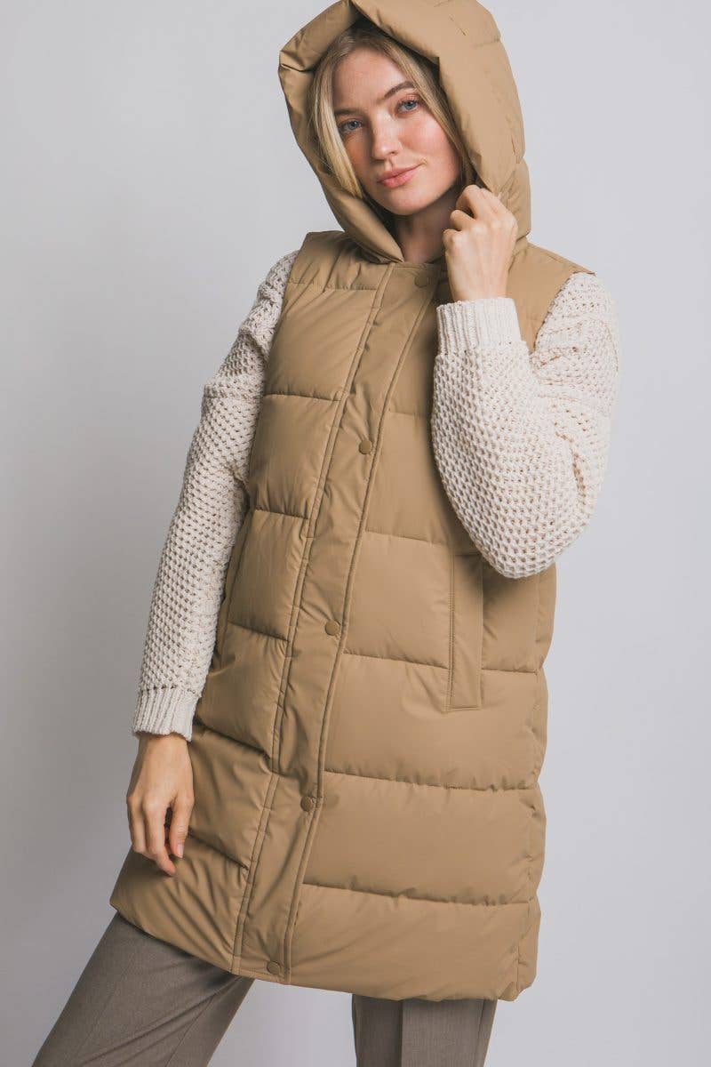 Hooded Long Quilted Puffer Vest: OLIVE / 2-2-2(S-M-L)