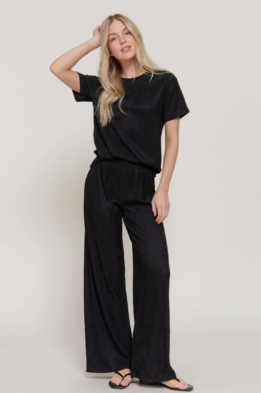 0504 Crinkle Knit Top & Pants 2pc Set SI-29441: Blk-Black-194657 / M
