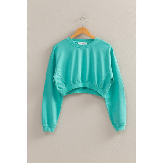 Crew Neck Long Sleeve Crop Sweatshirt: TURQUOISE / S-M-L(2-2-2)