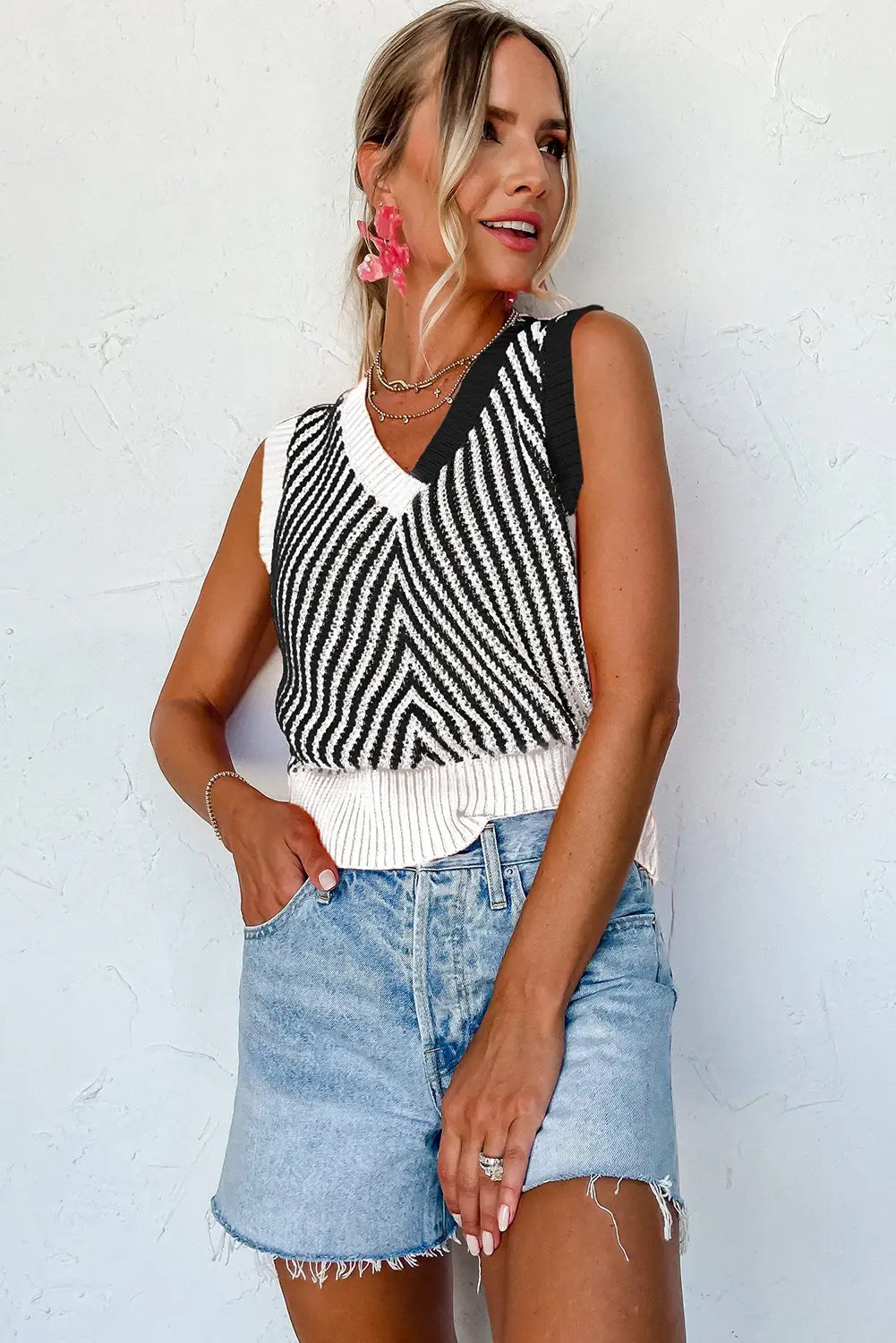 Strawberry Pink Contrast Chevron Knit V Neck Sweater Vest: Strawberry Pink / 100%Viscose / M