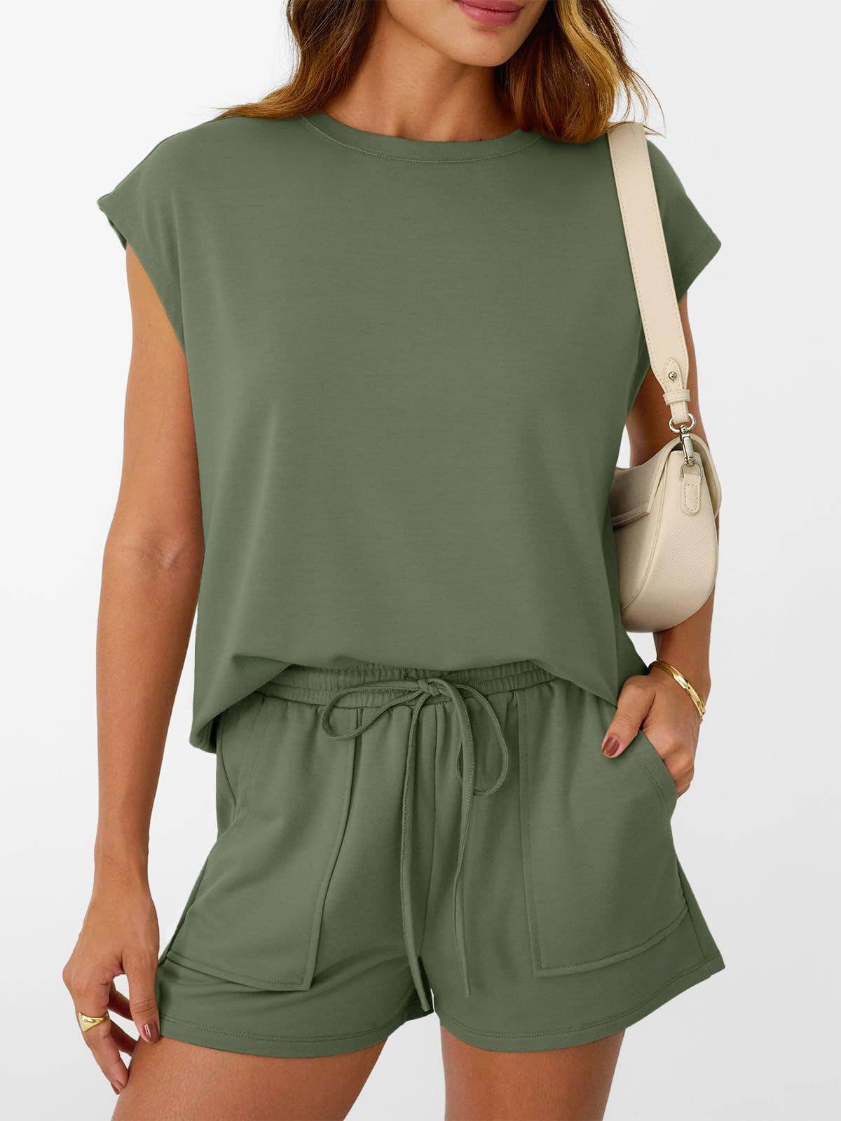 Casual Lounge Set Cap Sleeve Top Drawstring Shorts: Black / 65%Polyester+30%Viscose+5%Elastane / XL