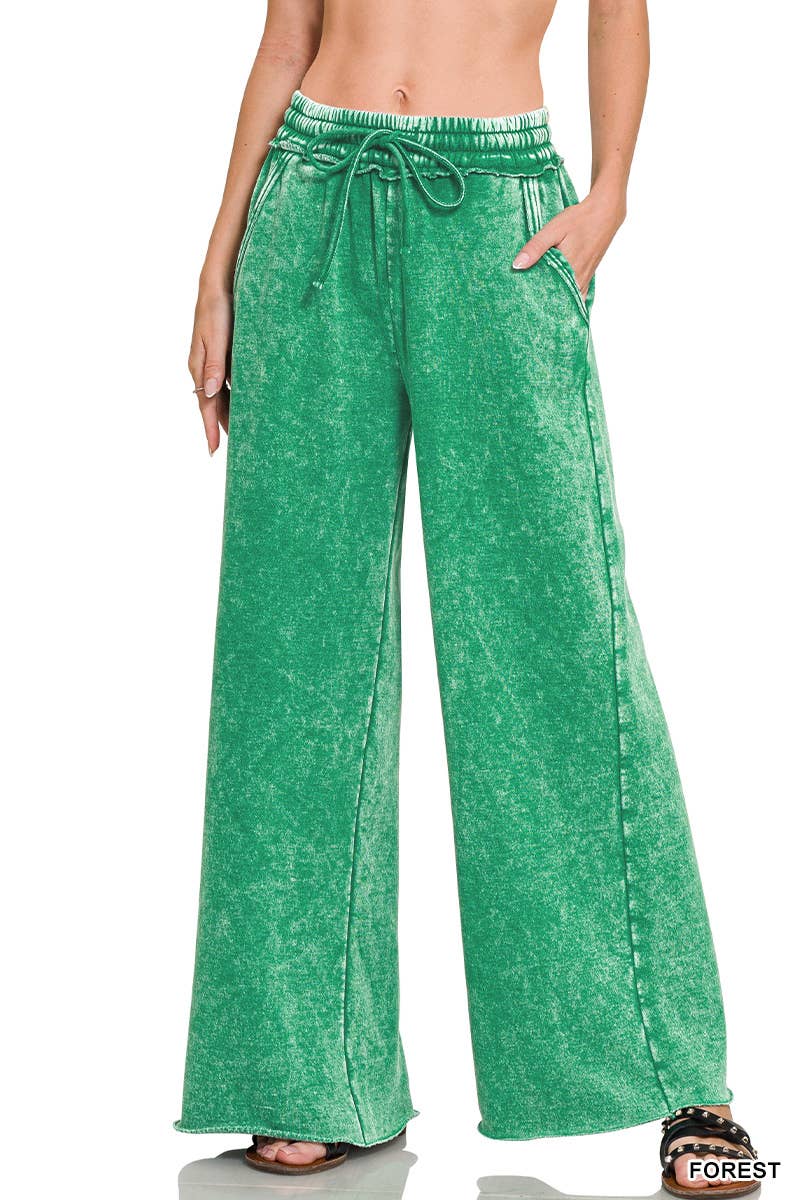 Acid Wash Fleece Palazzo Sweatpants With Pockets: BLACK / 2-2-2 (S-M-L)