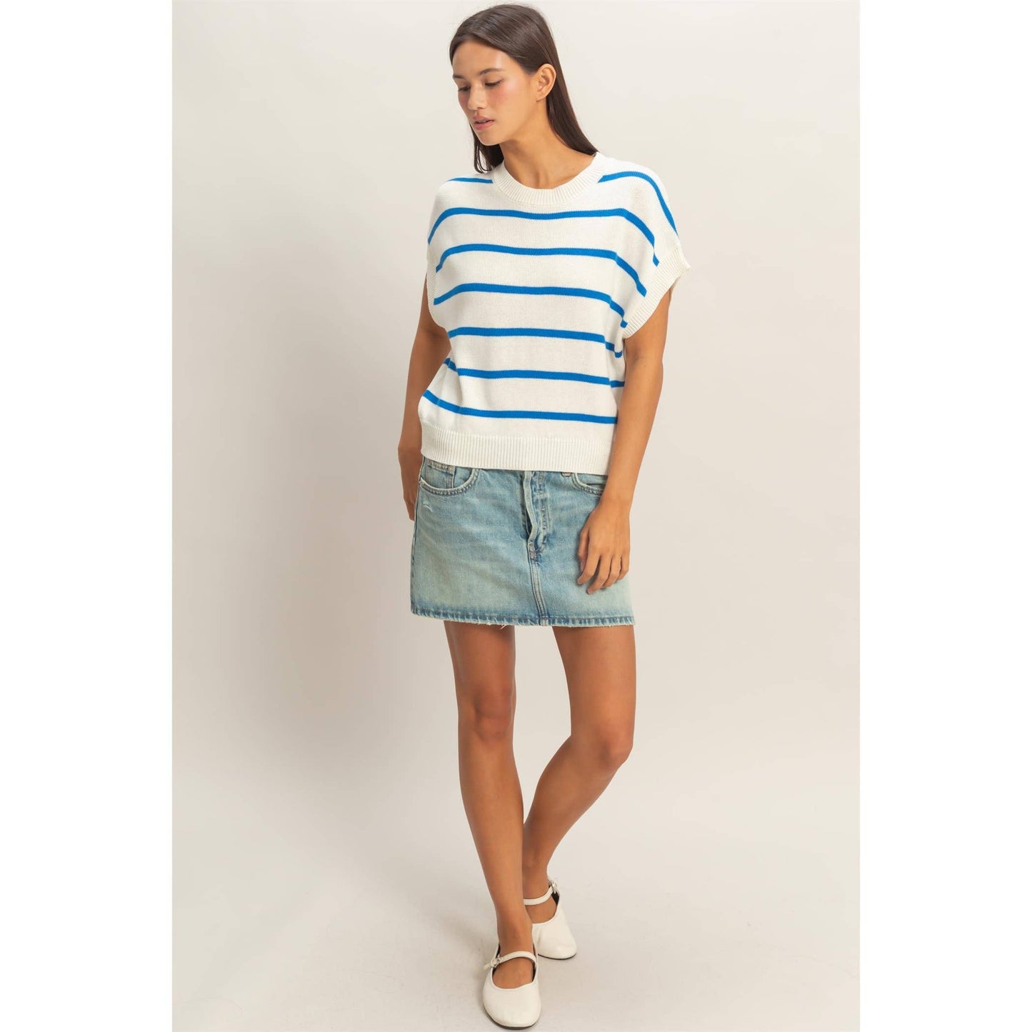 Striped Crew Neck Knit Top: BLUE / S-M-L(2-2-2)